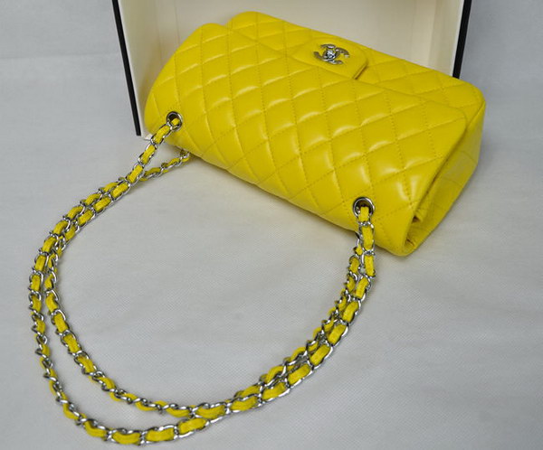 AAA Chanel Classic Flap Bag 1112 Lemon Yellow Leather Silver Hardware Knockoff